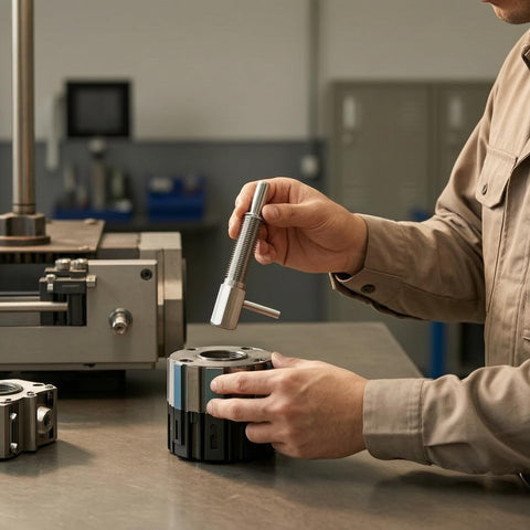 User holding Heavy Duty Spring Indexing Plunger With Rugged L Handle For Snappy Manual Retraction, positioning it on a workpiece.