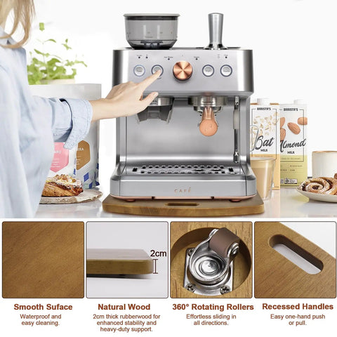 Solid Wood Sliding Tray for Coffee Makers And Heavy Kitchen Appliances, 360-Degree Rolling Wheels, Quiet Glide under espresso machine
