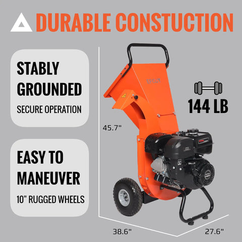 Powerful 9HP Gas Powered Wood Chipper With Electric Key Start, 274cc Engine, 4 Inch Max Branch Capacity, durable orange design