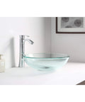 Modern Tempered Glass Vessel Sink Bowl For Bathroom, Clear Round Above-Counter Top Mount Vanity With Pop Up Drain, Sleek Oval Vessel Basin