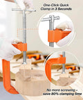 6 Inch Quick Release C Clamp With Button in use, gripping wood on a workbench, heavy duty 700kgf cast iron G clamp, orange color