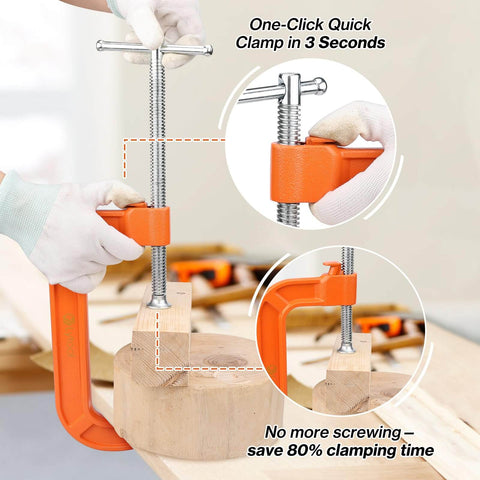 6 Inch Quick Release C Clamp With Button in use, gripping wood on a workbench, heavy duty 700kgf cast iron G clamp, orange color