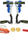 Two Pack Adjustable Tree Climbing Gear With Harness Belt, Non Slip Pedals, And 304 Stainless Steel Spikes, Tools Displayed