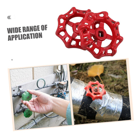 Two Pack Cast Iron Valve Handle Replacement Handwheel For Outdoor Faucets, Heavy Duty Water Shutoff Kit, Fits A Variety Of Valves, 57mm Outer Diameter with red handwheels displayed on outdoor faucet and pipe application.