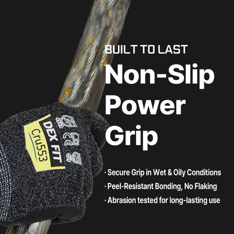 Level 5 Cut Resistant Gloves Cru553 holding a cable, black and gray, large, 3 pair pack, non-slip grip, kitchen and construction use.