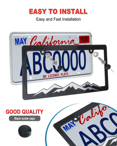 Mountain License Plate Frame Set, Black Plastic Car Tag Holder Bracket With Screws And Caps, 2 Pack, Silver On Black