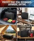 Built Tough Fireproof And Waterproof Document Safe Box With Lock For Papers Laptops And Passports, shown in various settings.