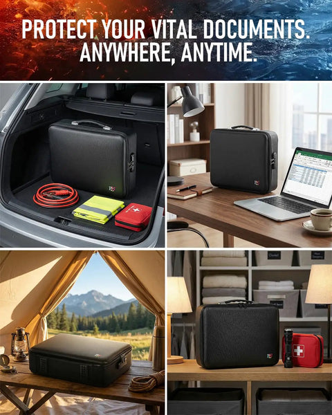 Built Tough Fireproof And Waterproof Document Safe Box With Lock For Papers Laptops And Passports, shown in various settings.