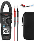 True RMS Clamp Meter For Auto Ranging 6000 Counts With 600A Capacity And Built In Flashlight Backlight Measures NCV AC DC Voltage And Current Continuity Capacitance Diode Resistance And Temperature, with probes and case