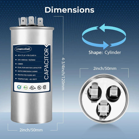 Heavy Duty Dual Run AC Capacitor 45/7.5 MFD 370V 440V Round CBB65 Style dimensions and shape details