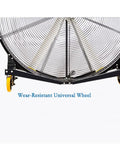Heavy Hitter Industrial Floor Fan Rock Solid Steel Frame With Thermally Protected Motor Beefy Airflow Beast showing wear-resistant universal wheel.