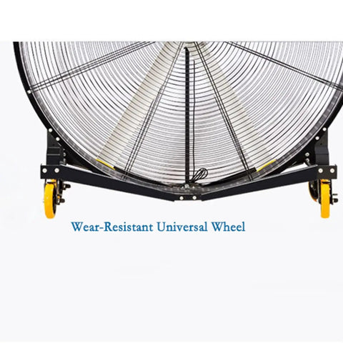Heavy Hitter Industrial Floor Fan Rock Solid Steel Frame With Thermally Protected Motor Beefy Airflow Beast showing wear-resistant universal wheel.