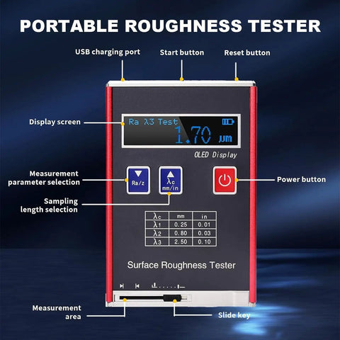 Front view of roughness tester meter profilometer with data storage and OLED display for boss level precision surface measurements.