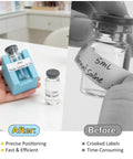 Two Pack Vial Label Applicators For 2ml 3ml And 5ml 10ml Vials Time Saving Handheld Sticker Alignment Tool For Lab And Home Organization Keeps Labels Straight And Centered Every Time No Vials Or Stickers Included, showing before and after use on vials.