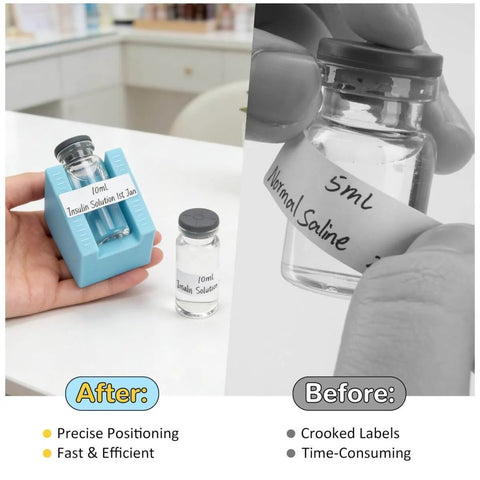 Two Pack Vial Label Applicators For 2ml 3ml And 5ml 10ml Vials Time Saving Handheld Sticker Alignment Tool For Lab And Home Organization Keeps Labels Straight And Centered Every Time No Vials Or Stickers Included, showing before and after use on vials.