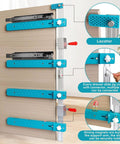 Heavy Workhorse Drawer Slide Jig With Toggle Clamp And Magnetic Arm For Slick Cabinet Alignment Quick Setup Woodworking Guide with three blue clamps on a cabinet.
