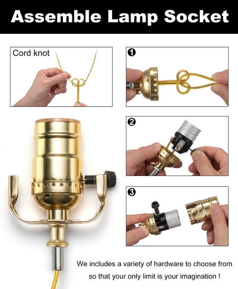 Instruction collage for assembling DIY Lamp Rewire Kit With 12 Ft Cord, 3-Way Brass Socket, showing cord knot and assembly steps.