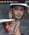 Two people wearing 28 Pack Safety Glasses Bulk Set With 7 Color Frames Unisex Clear Anti Scratch Goggles Impact Resistant Polycarbonate Lenses