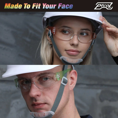 Two people wearing 28 Pack Safety Glasses Bulk Set With 7 Color Frames Unisex Clear Anti Scratch Goggles Impact Resistant Polycarbonate Lenses