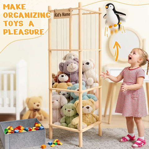 Large Wooden Stuffed Animal Storage Zoo Organizer With Toys Tray 57 Inch Tall For Plushies Extra Large Capacity Holds 50 Plus Plush Toys Perfect For Toddler Rooms Playrooms And Bedrooms featuring a child organizing toys.
