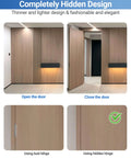 Hidden Door Hinge Set 6 Inch Silver 2 Pack With 3 Way Adjustable 180 Degree Swing Copper Support Concealed Built Tough Hinge For Doors 88 Lb Load Bearing installed on modern wooden door, shown open and closed.