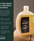 Rubio Monocoat 2L soap for oiled wood surfaces on a wooden table. Non-caustic, preserves finish, effective at removing dirt and grease.
