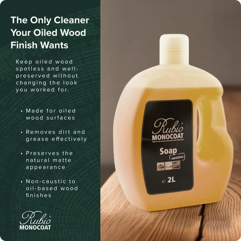 Rubio Monocoat 2L soap for oiled wood surfaces on a wooden table. Non-caustic, preserves finish, effective at removing dirt and grease.