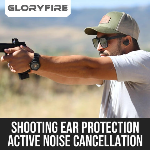 Man wearing Electronic Ear Plugs With 26dB Noise Reduction And Sound Amplification For Shooting Range Hunting And Tactical Ops outdoors