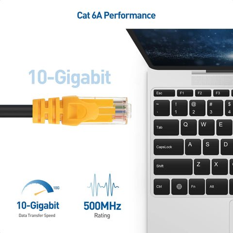 Close-up of 10Gbps Pure Copper Cat6A Ethernet Cable 24 AWG Direct Burial Outdoor Cable beside a laptop, highlighting 10-Gigabit speed.