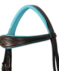 Anatomical Dressage Bridle With Reins In Brown Leather, Padded Crown And Nose, Dope Turquoise Padding Accent showcasing fancy stitching.