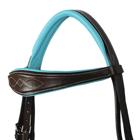 Anatomical Dressage Bridle With Reins In Brown Leather, Padded Crown And Nose, Dope Turquoise Padding Accent showcasing fancy stitching.