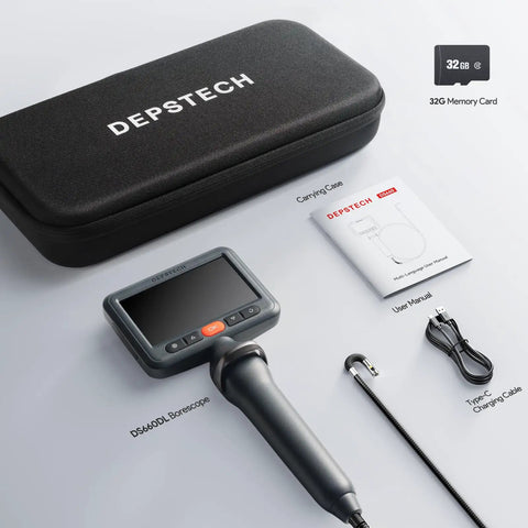 Dual Lens Articulating Borescope Endoscope With Light 5 Foot Reach 1080P HD Camera With Split Screen View And IPS Display Perfect For Auto Repair And Plumbing Inspections Easy To Use In Tight Spaces, with case, manual, 32GB card and USB cable