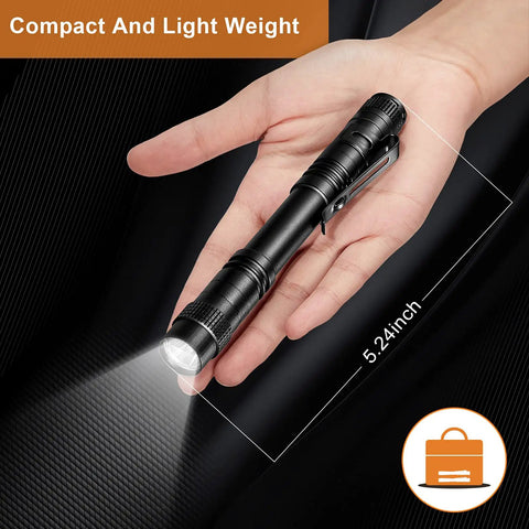 Hand holding Six Piece LED Pen Lights With Clip Pocket Flashlights For Handy Checks, 5.24 inch, black, with light beam, compact design
