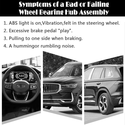 Symptoms of a bad wheel bearing hub assembly with images of ABS light, steering wheel, and parked car.