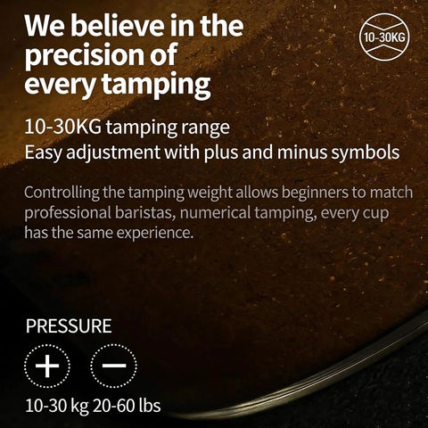 Heavy Duty 58mm Automatic Coffee Tamper With Adjustable Portafilter Bracket And Snappy Digital Touch Control showing 10-30 kg pressure range.