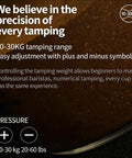 Digital display showing 10-30 kg tamping range and adjustment symbols for Hustle Ready 58mm Automatic Coffee Tamper.