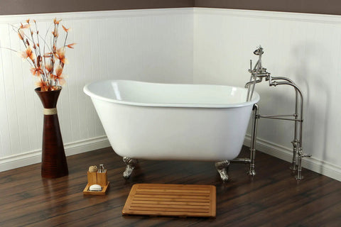 Retro clawfoot tub with chrome fixtures in a traditional bathroom setting, featuring a wood floor and decorative vase.