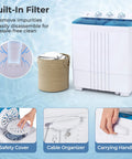 No Sweat Compact Twin Tub Washer And Spinner Combo Portable 20 Lb Heavy Duty Laundry Machine with built-in filter and safety cover.