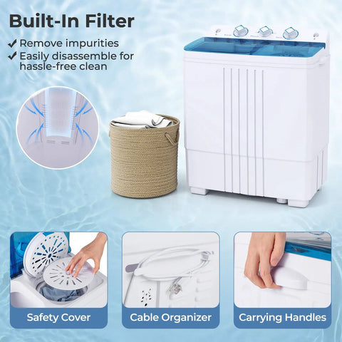 No Sweat Compact Twin Tub Washer And Spinner Combo Portable 20 Lb Heavy Duty Laundry Machine with built-in filter and safety cover.