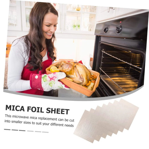 Woman using oven with Pro Grade 10 Pack Microwave Mica Plates Sheets, Heat Resistant Insulation Pads You Can Cut To Fit shown below.
