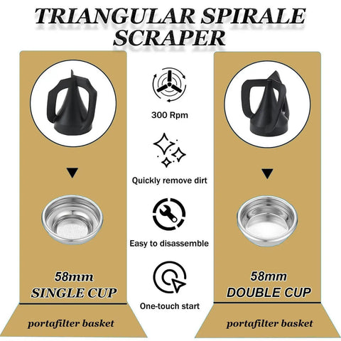 Electric Portafilter Cleaner With Automatic Coffee Ground Knock Box And Dual Brush Heads Providing No Fuss 340 Rotating Cleanups For Smooth Sailing Home Bars And Bustling Cafes In Classic Black showing 58mm triangular spiral scraper.