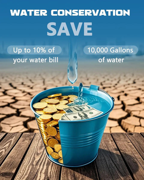 Water Conservation graphic with blue bucket filled with coins and cash, emphasizing savings on the water bill.