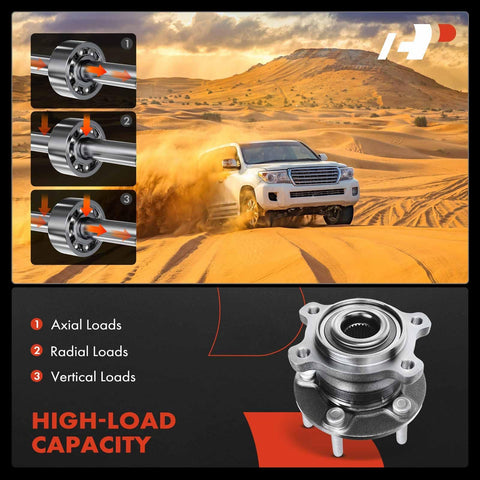 Rear Wheel Bearing And Hub Assembly 5-Lug Compatible With Ford Escape 2013 2019 AWD And Lincoln MKC 2015 2019 AWD showing high load capacity and axial, radial, vertical load diagrams.