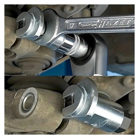 Close-up of Suspension Strut Spreader Tool for DIY Garage Repairs with 5.0 to 11.5 mm range and 16 mm hex drive in use on knuckle.