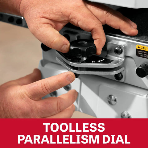 Hands adjusting the toolless parallelism dial on the 16 Inch Drum Sander With Open Stand For Heavy Duty Woodworking, 1-1/2 HP, 115V Single Phase