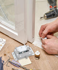 Installation of Door Sliders For Wardrobe And Cabinet With Damping Pulley System, tools and parts on wooden floor