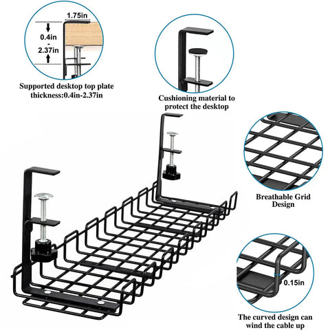 No Drill Under Desk Cable Management Rack Clip On 25 Inch Organizer For Standing Desks with hand clamp shown on grid design