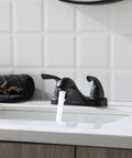 Two Handle Matte Black Bathroom Sink Faucet With Metal Drain Assembly And Supply Hose Lead Free cUPC NSF 61 Certified 4 Inch Centerset 3 Hole Mount