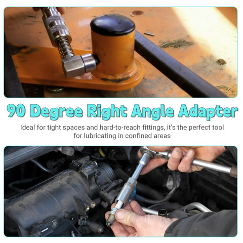 90 Degree Grease Gun Coupler Adapter in Carbon Steel, Beefed-Up Quick Connect used on machinery for hard to reach fittings