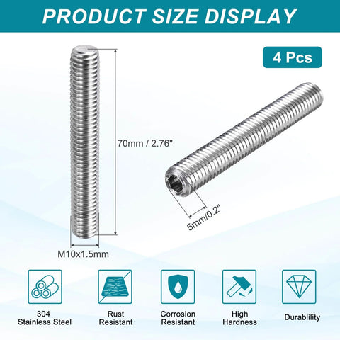 4 Pack M10-1.5 X 70mm Grub Screws, 304 Stainless Steel, shown in product size display with rust and corrosion resistance features
